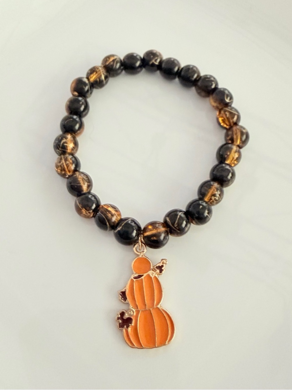 Black and Orange Beaded Bracelet with Pumpkin Charm Fall Festive Jewelry